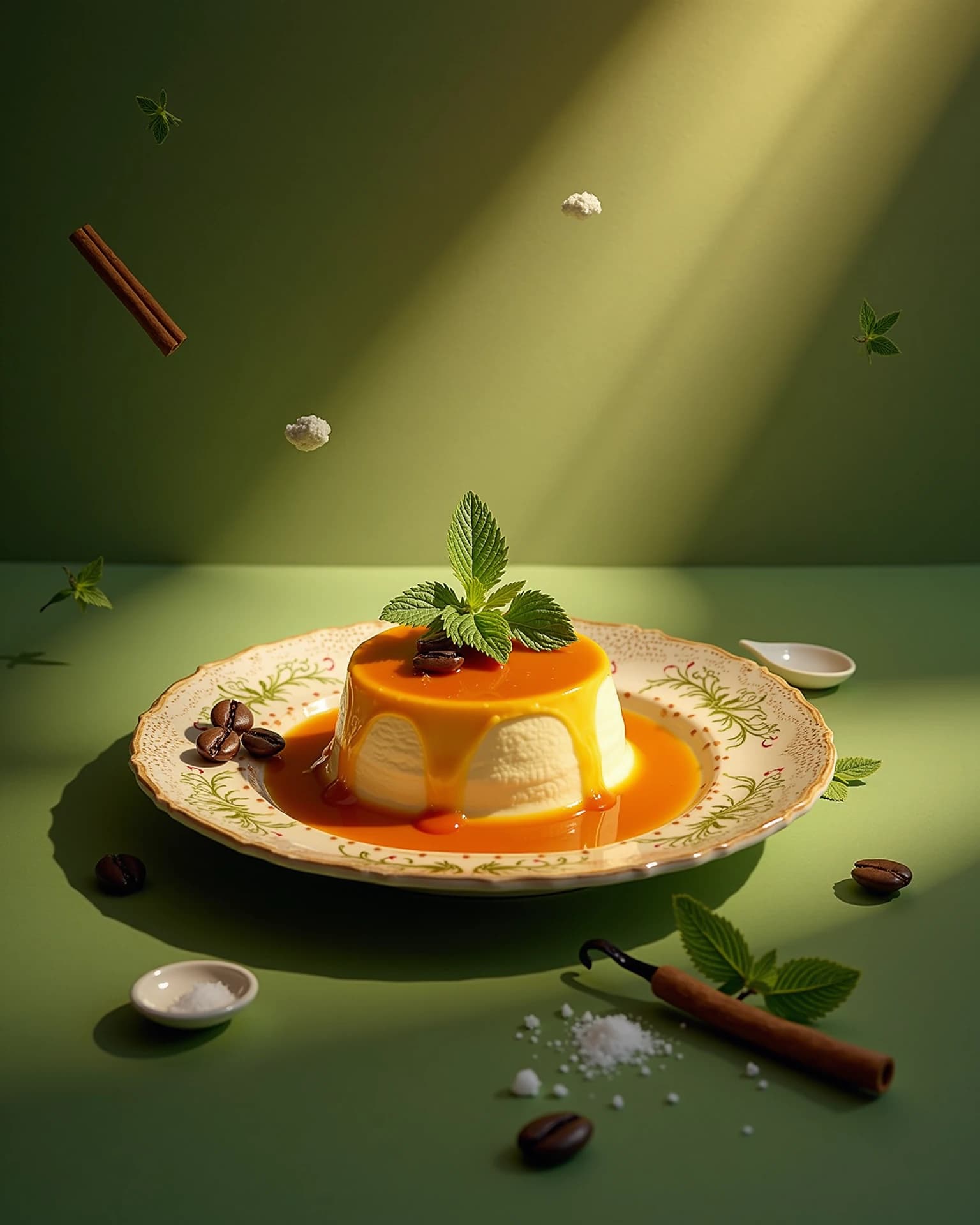 Flan de vainilla con caramelo sobre fondo verde nopal